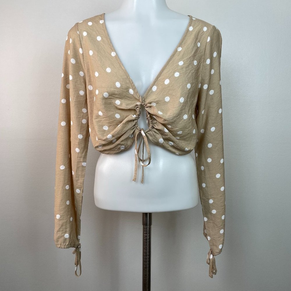 Super Down Crop Top Small Beige Polka Dot Keyhole V-Neck Long Sleeve Blouse